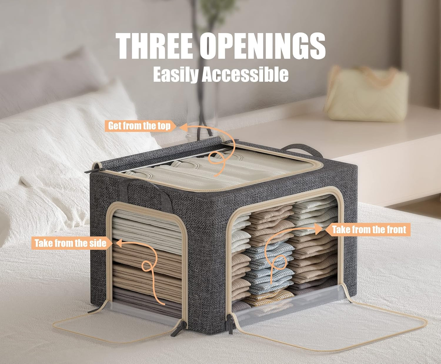 3 Openings Clothes Storage Bins with Metal Frame, Foldable Storage Bin for Cloth