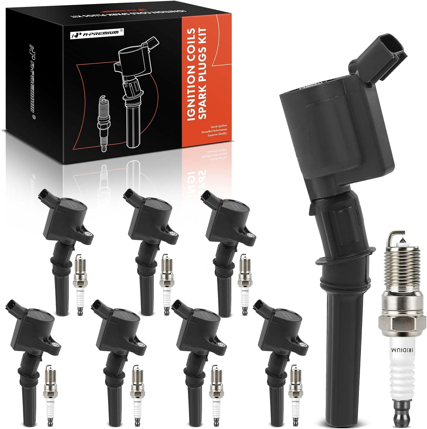 Set of 8 Ignition Coil Pack and Iridium Spark Plugs Compatible with Ford F-250 F