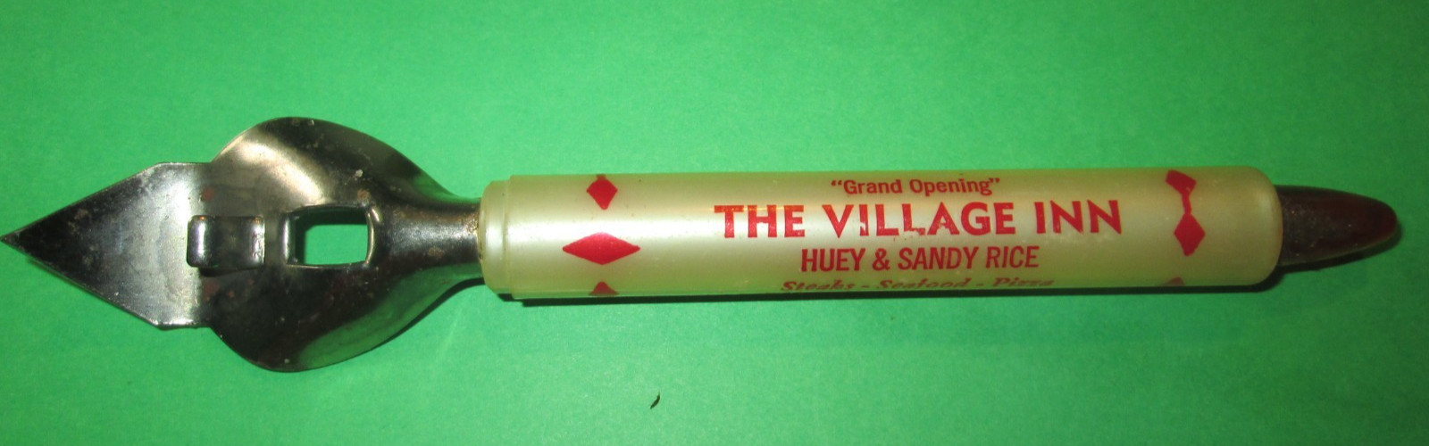 VTG THE VILLAGE INN HUEY & SANDY RICE PLASTIC CAN BOTTLE OPENER ELIZABETHTOWN PA