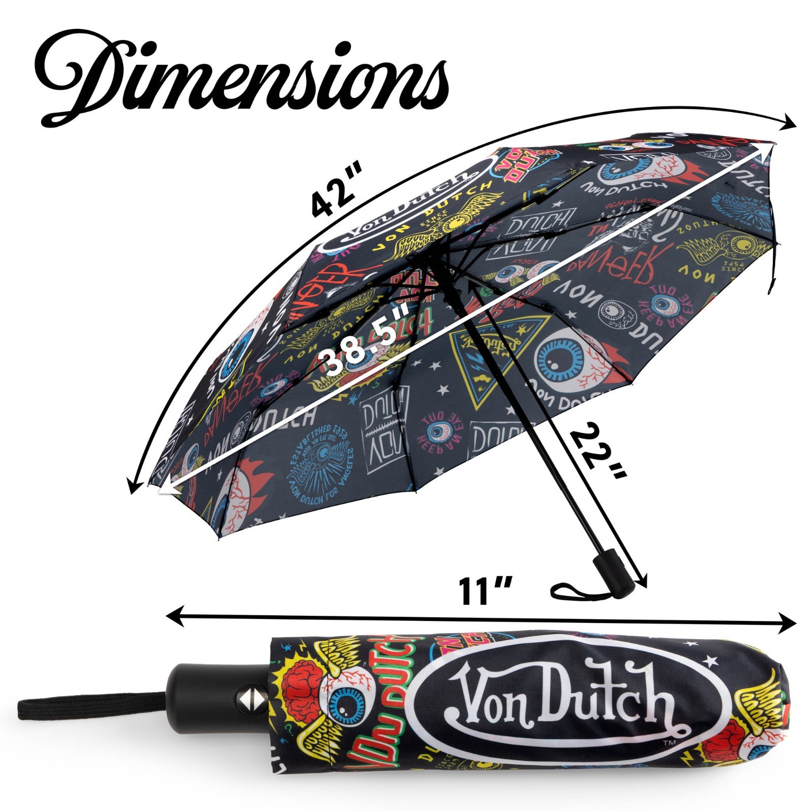Von Dutch Jax Black Compact Automatic Umbrella, Strong & Portable