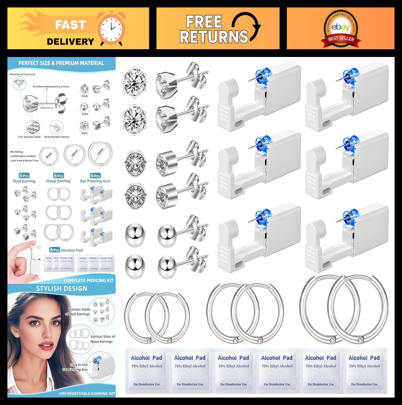 24 Pcs Ear Piercing Kit - Disposable Gun, 12 Cubic Zirconia Earrings, Easy Use T