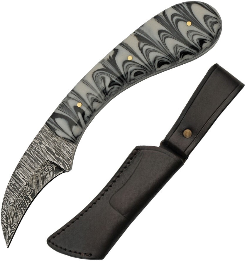 Damascus Hook Hunter Fixed Knife 2.5" Damascus Steel Full Blade Resin Handle