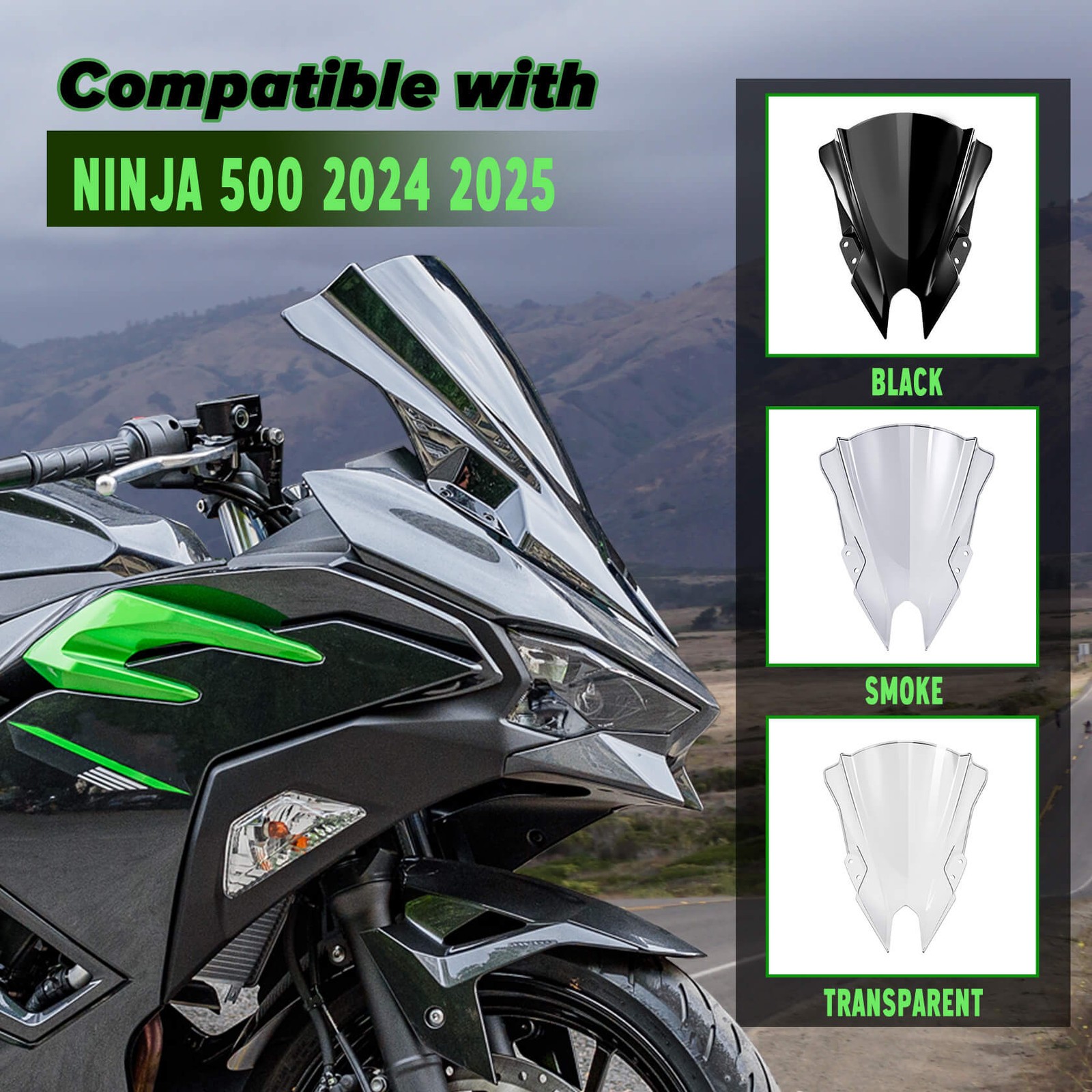 WOLFLINE ABS Windshield for Kawasaki Ninja 500 2024-2026 Windscreen Black