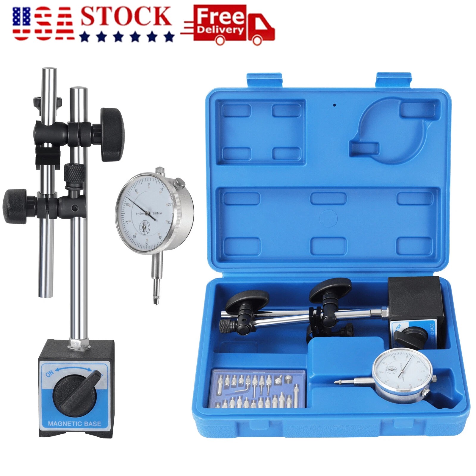 Dial Indicator with Magnetic Base 0.01"Precision Gauge Test Indicator Point Set