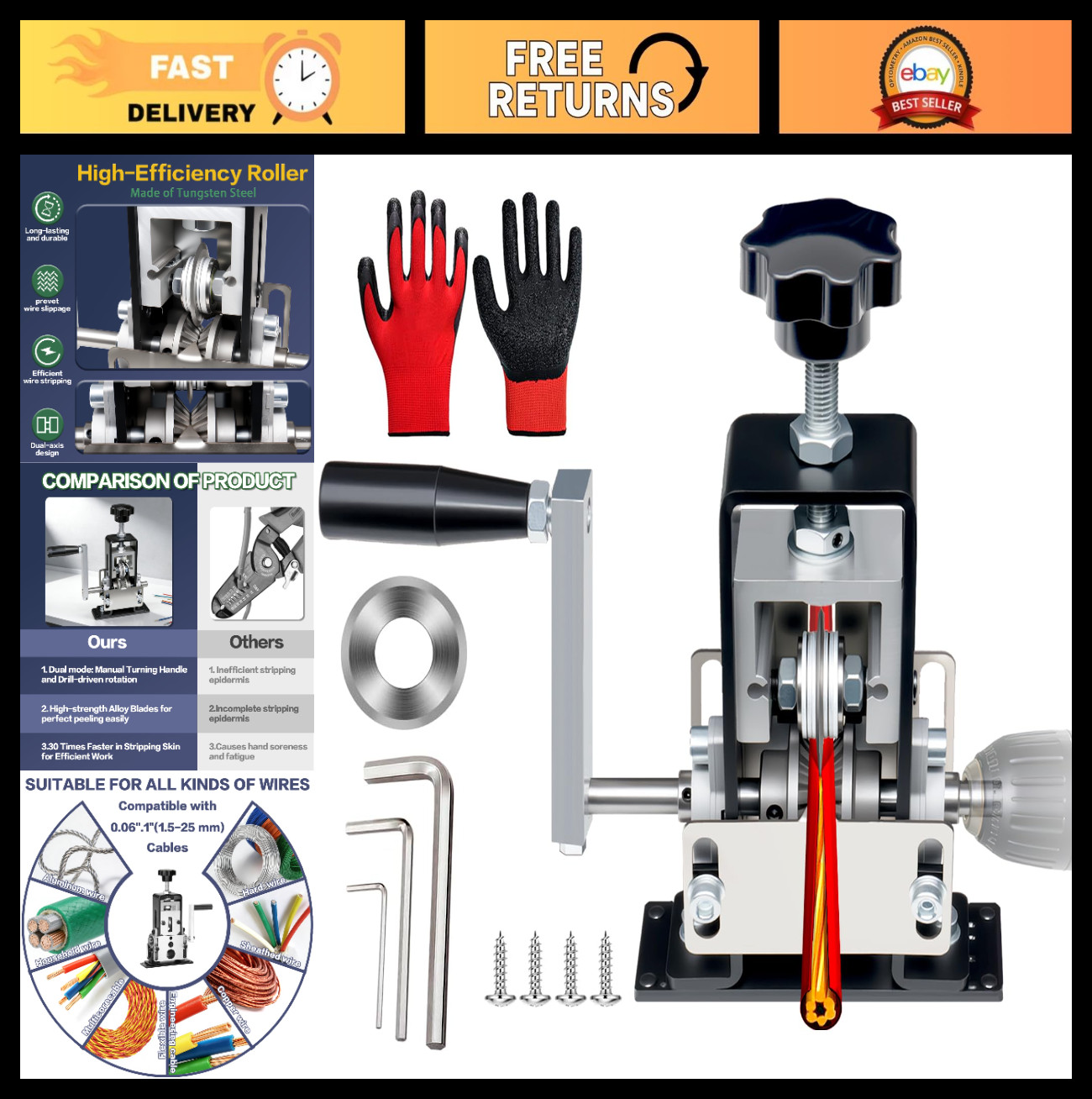 Manual Wire Stripping Machine for Scrap Copper - Drill Powered Hand Crank Tool,