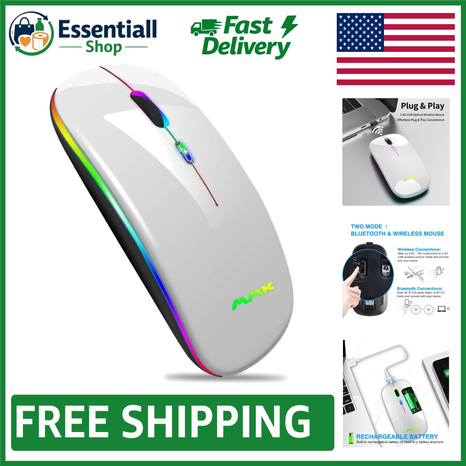 Stylish Bluetooth 5.0 and 2.4G Wireless Mouse - Rechargeable & LED Slim Design