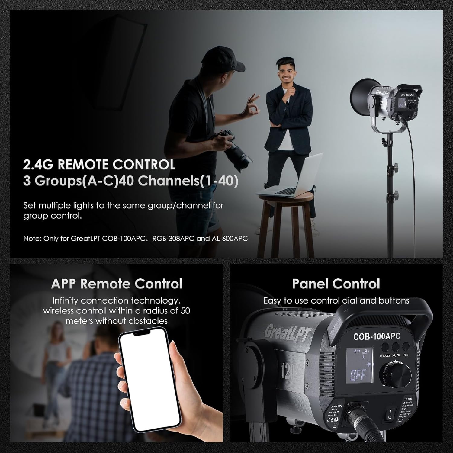 110W LED Video Light with APP Control, Bi-Color COB Video Light 2500K-8500K