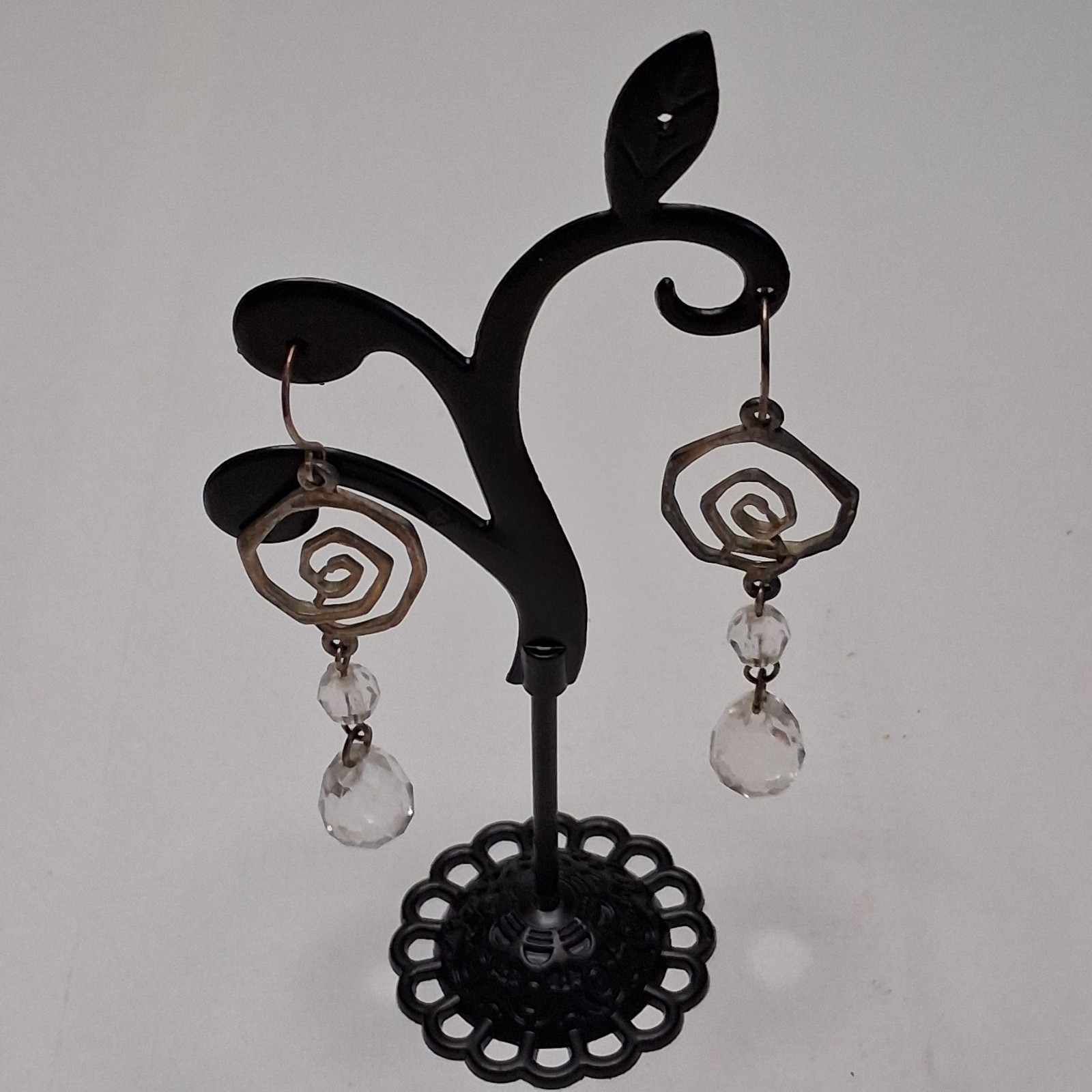 Geometric Spiral Teardrop Crystal Dangle Earrings Vintage Silver Tone
