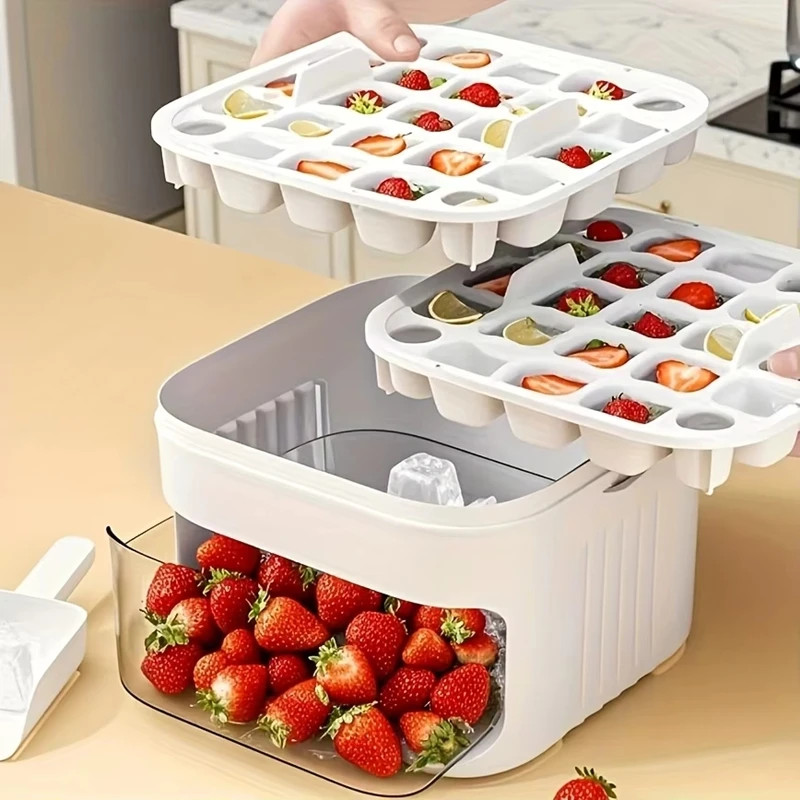Compact Double Layer Ice Cube Tray with Lid and Bin, Pull-Out Ice Drawer with Po