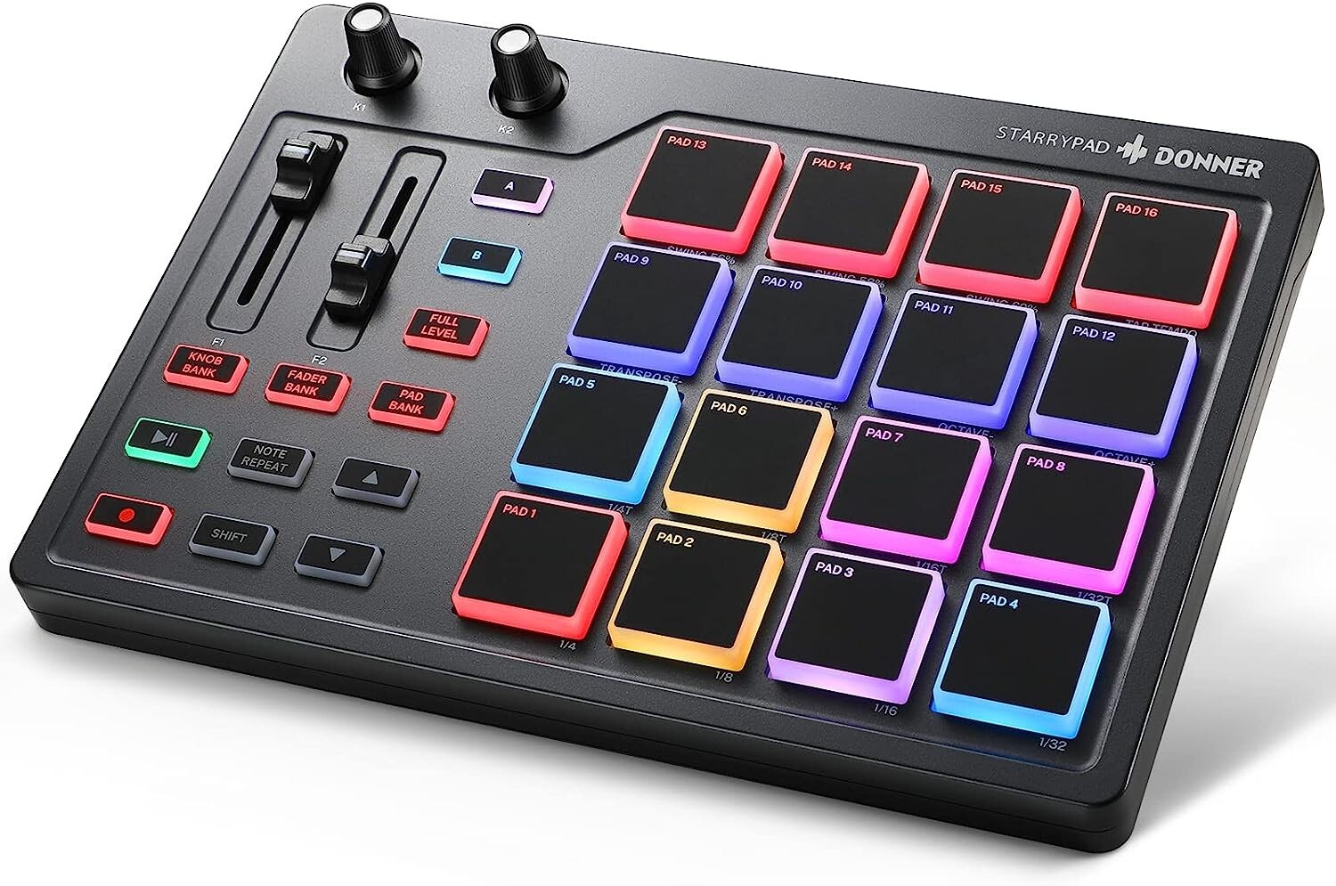 Donner STARRYPAD USB MIDI Controller 16 Pads Beat 2 Fader Knobs Drum Machine