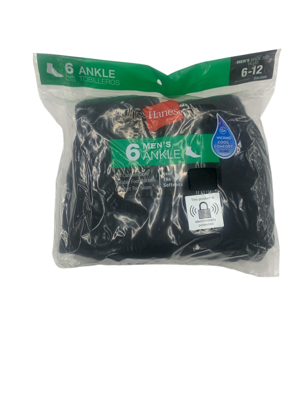 Hanes Men's Black Ankle Socks shoe size 6-12 6 pair