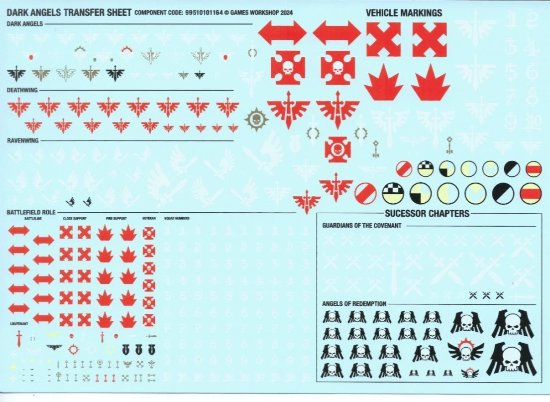 Dark Angels Transfer Sheet 2024 + Successor Chapters Warhammer 40K Space Marines