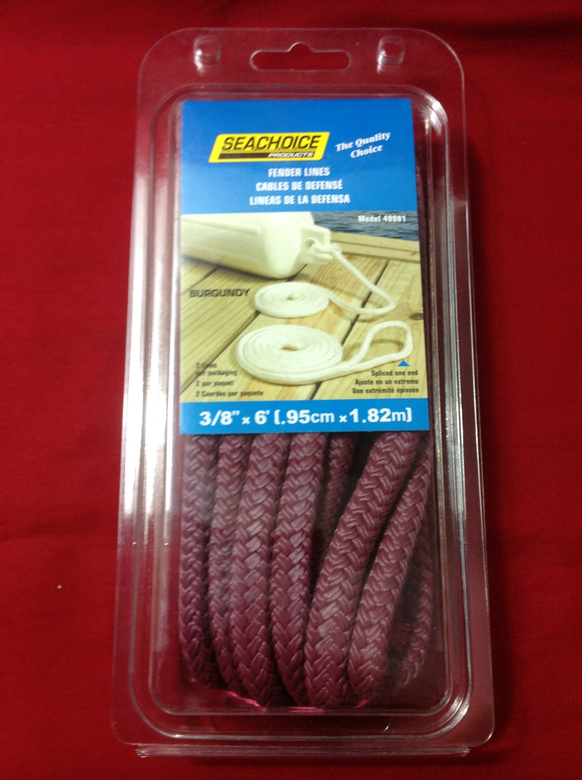 FENDER LINE PAIR 3/8" x 6' BURGUNDY DOUBLE BRAIDED NYLON ROPE SEACHOICE 40981
