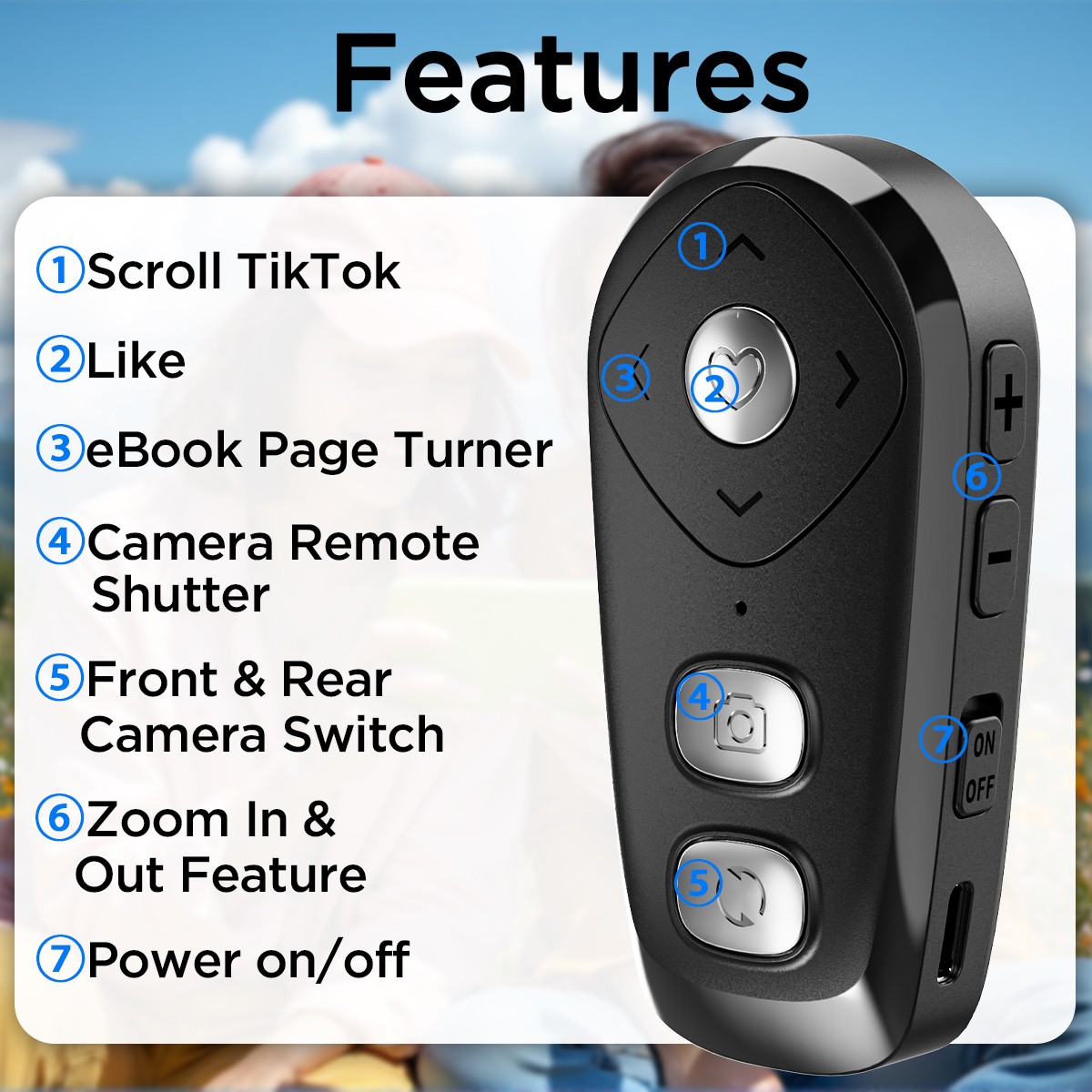Wireless Camera Remote Control with Zoom for iPhone & Android Versatile Shutter