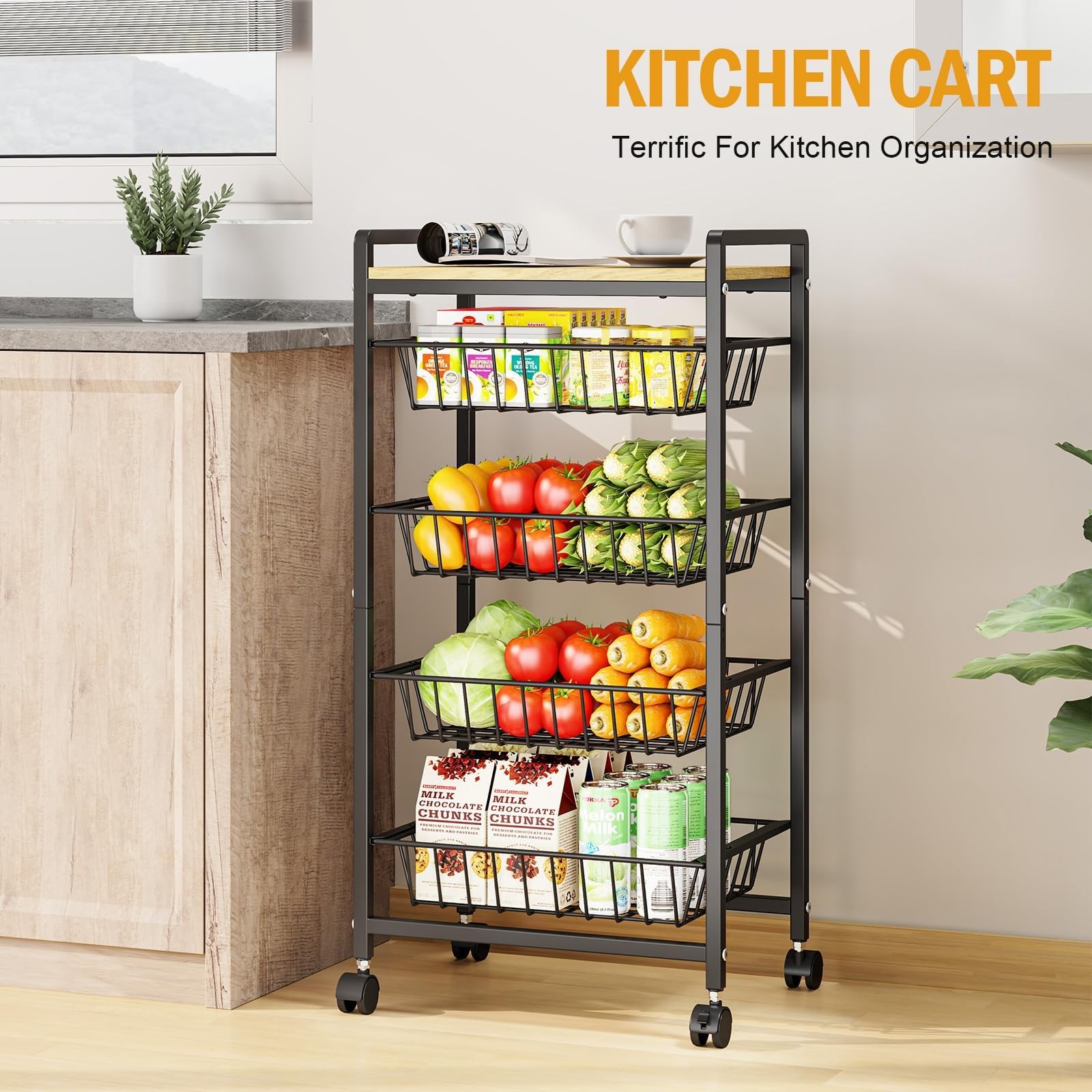 5-Tier Kitchen Cart with Tabletop, Rolling Snack Cart with Lockable Wheels, F...