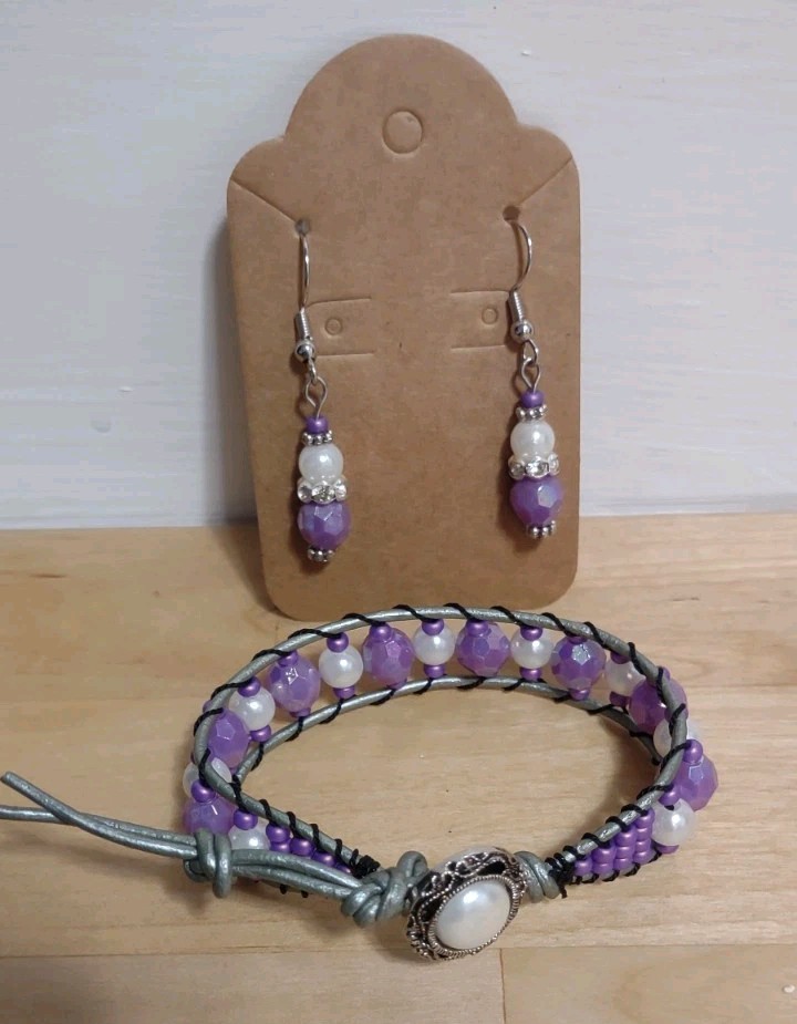 Purple Radiance Single Wrap Beaded Leather Bracelet With Earrings Set