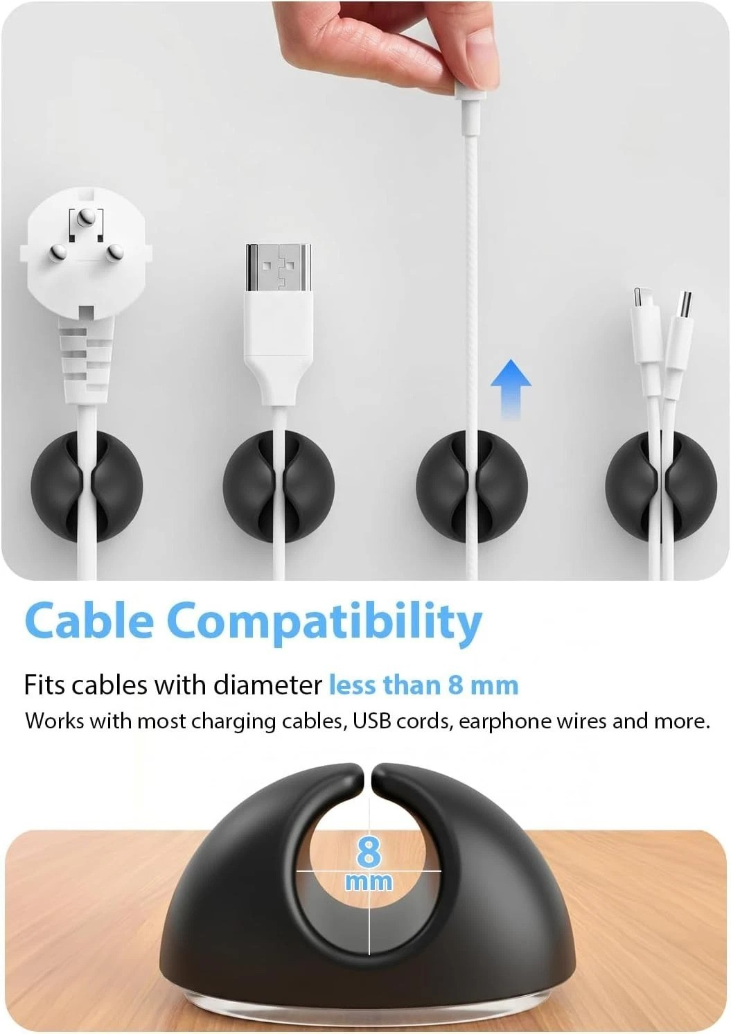 Compact Self-Adhesive Cable Clips | 6pc Rubber Cord Keeper for Clean Surfaces