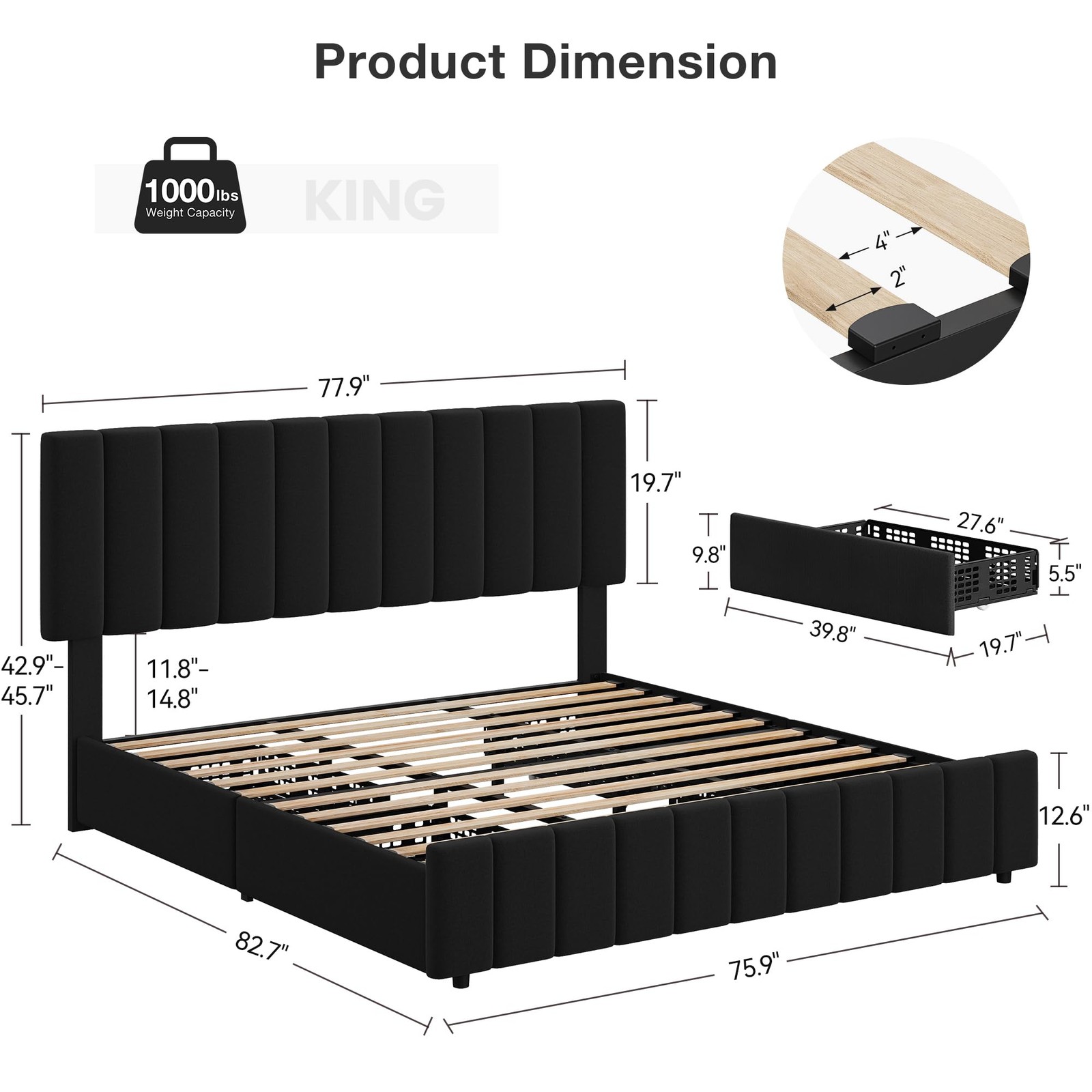 King Size Bed Frame Headboard Linen Upholstered Platform Bed Frame w/ 4 Drawers