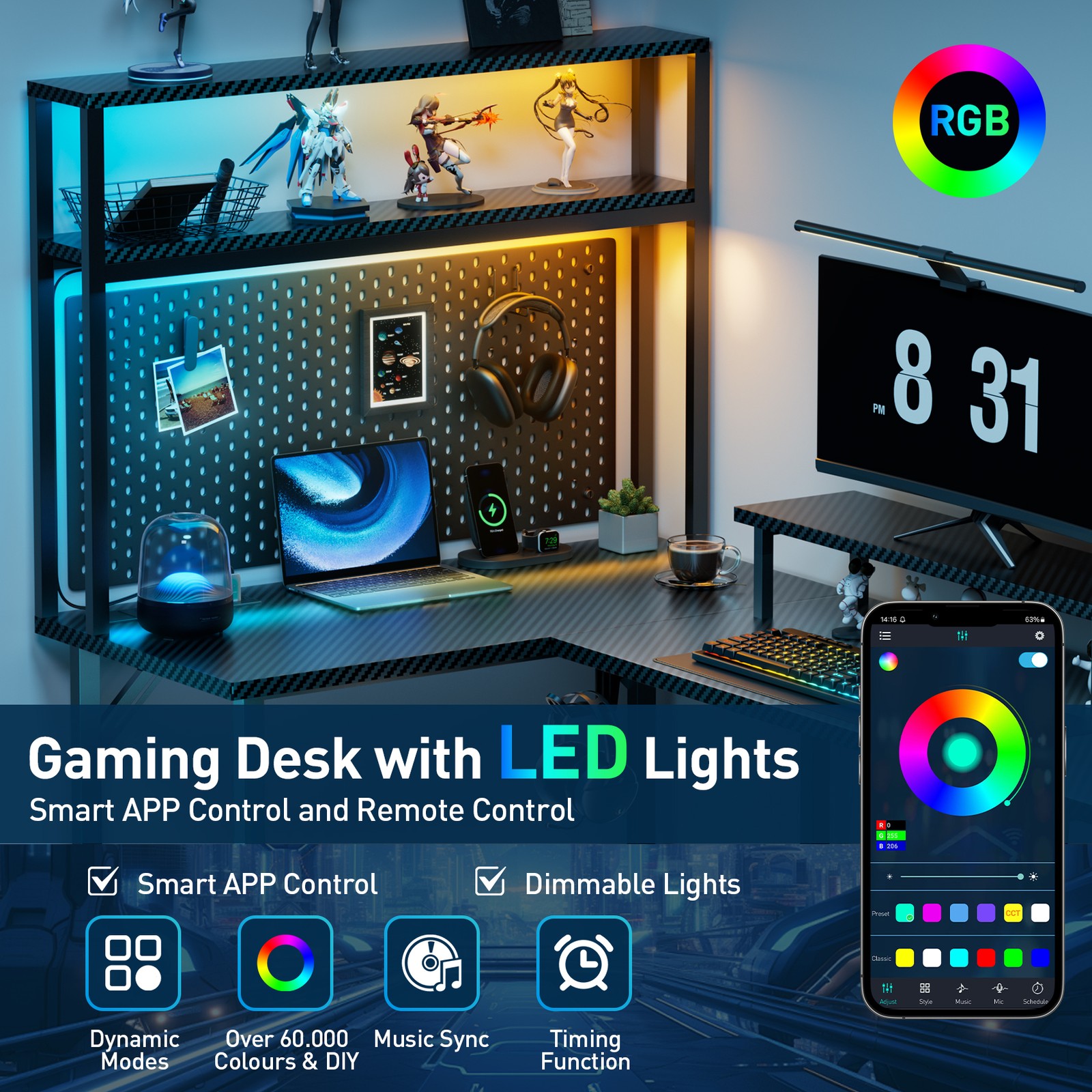 L Shaped Gaming Desk with LED & Power Outlets, Reversible Corner Computer Desk