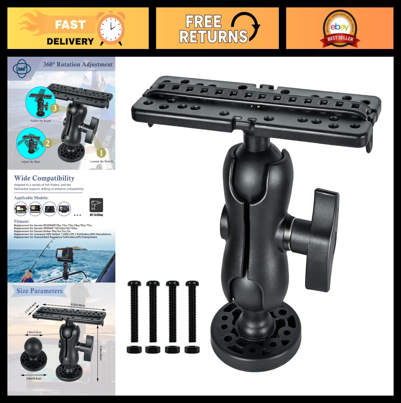 Universal Fish Finder Mount Base - 360° Rotation Bracket for Boat, Kayak, Canoe