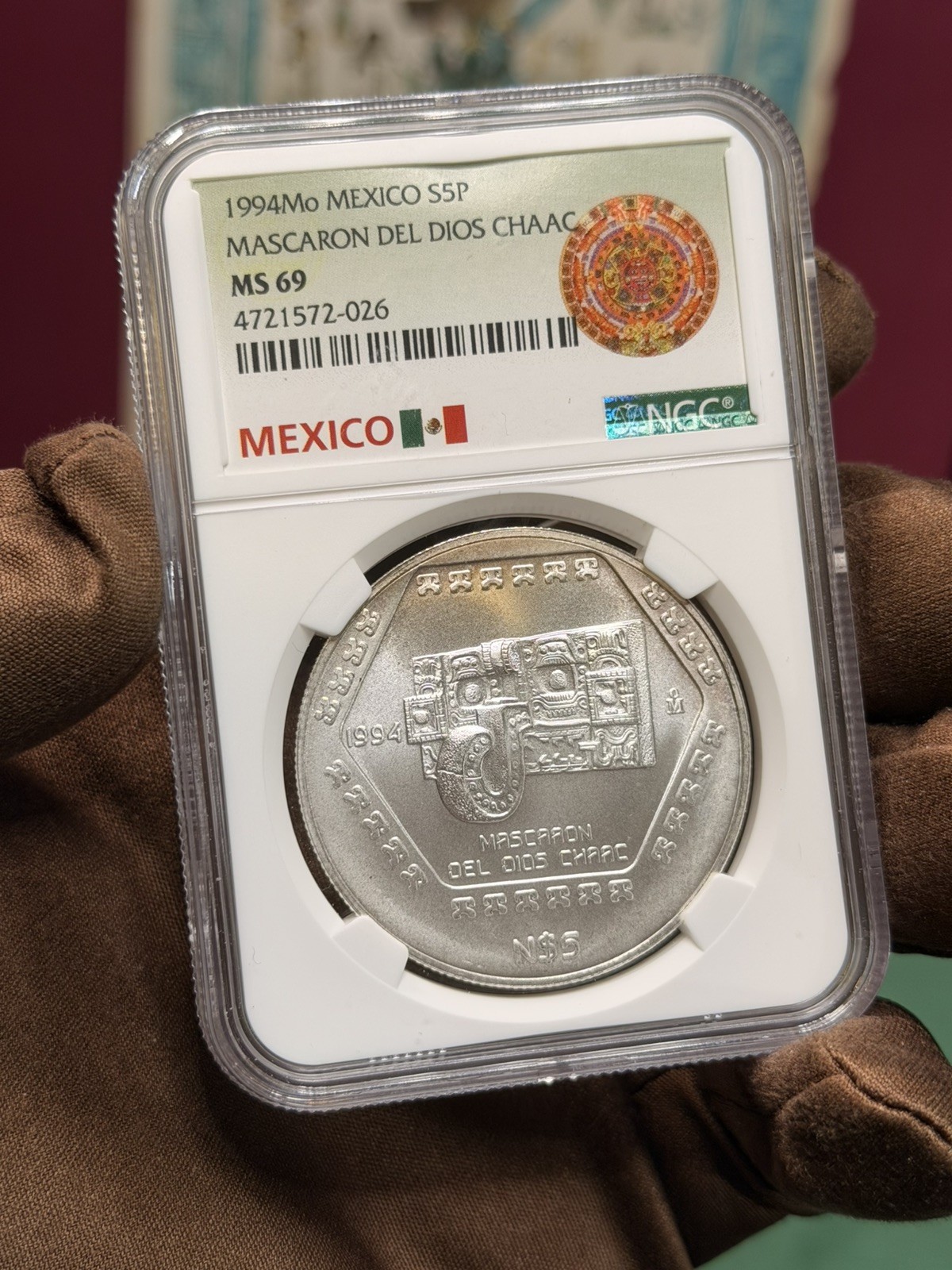 1994-Mo Mexico 5 Pesos Mascarón del Dios Chaac – NGC MS69 TOP POP