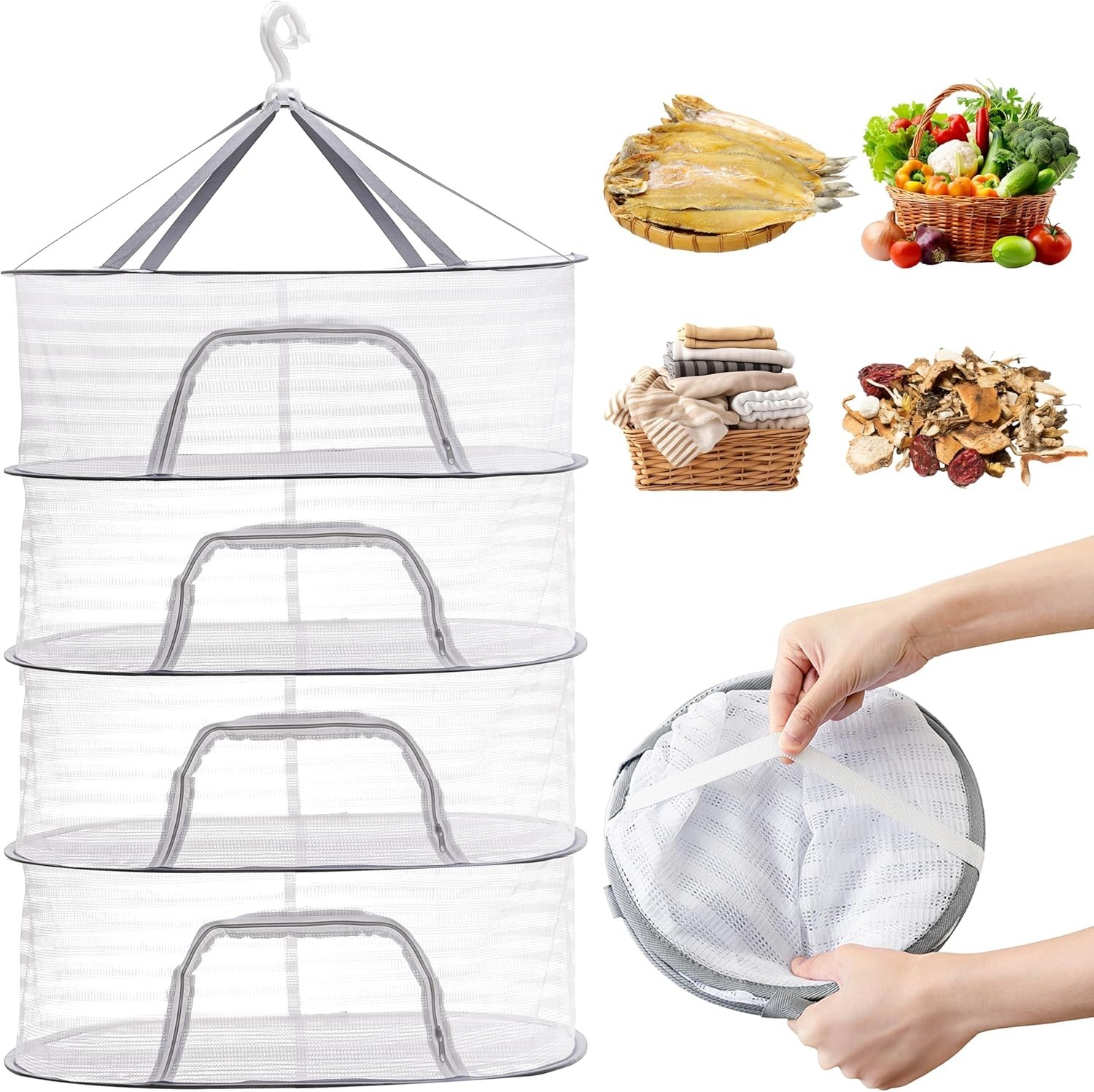 4Layer Herb Drying Rack With Zipper Hanging Mesh Net Collapsible Food Fish White