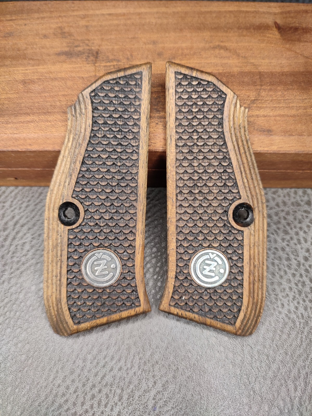 CZ SHADOW 2 Turkish Walnut Root Wood Grips set Gritty Texture Hand Made Engraved