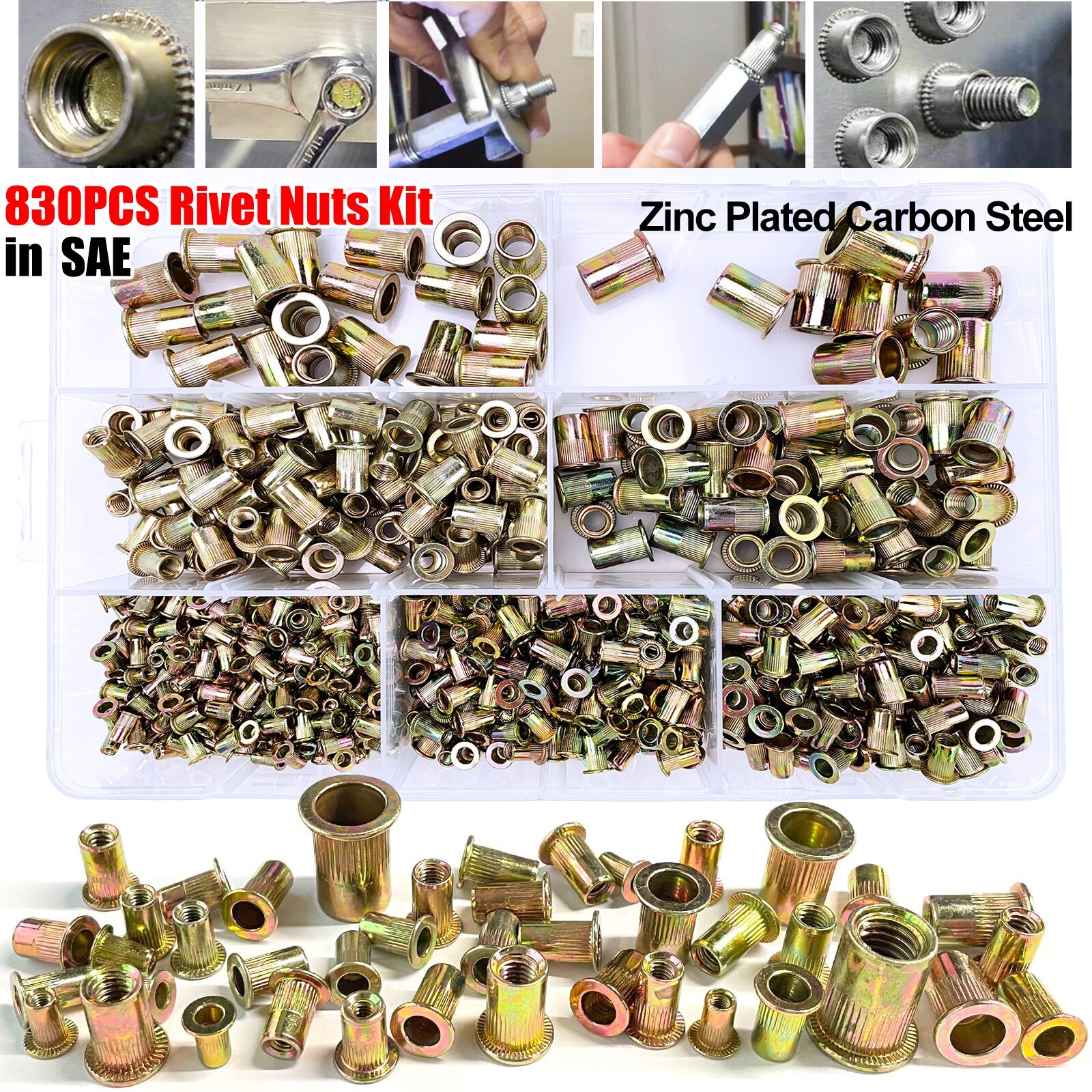 830PCs SAE Rivet Nut Kit For Rivnut Gun Nut Setter Thread Setting Nutsert Tool