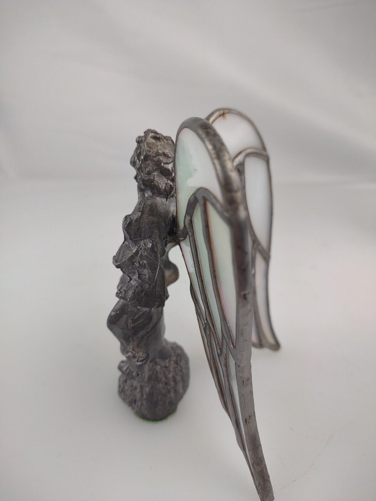 Standing Angel with Ribbon Hand Cast metal Sculpture with stain glass wings