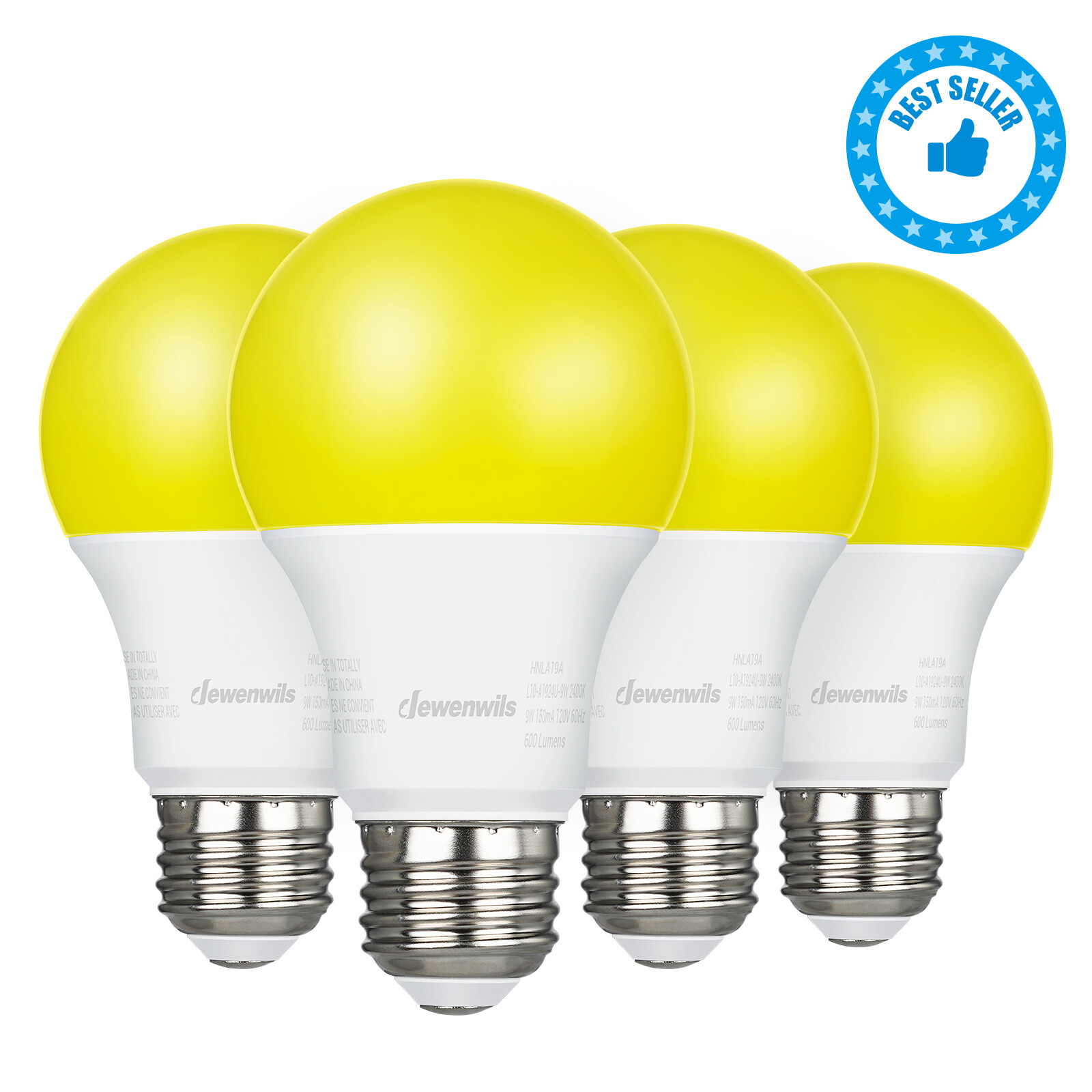 DEWENWILS LED Bug Light Bulbs Outdoor 4 Pack A19 Yellow Light Bulb 600LM E26