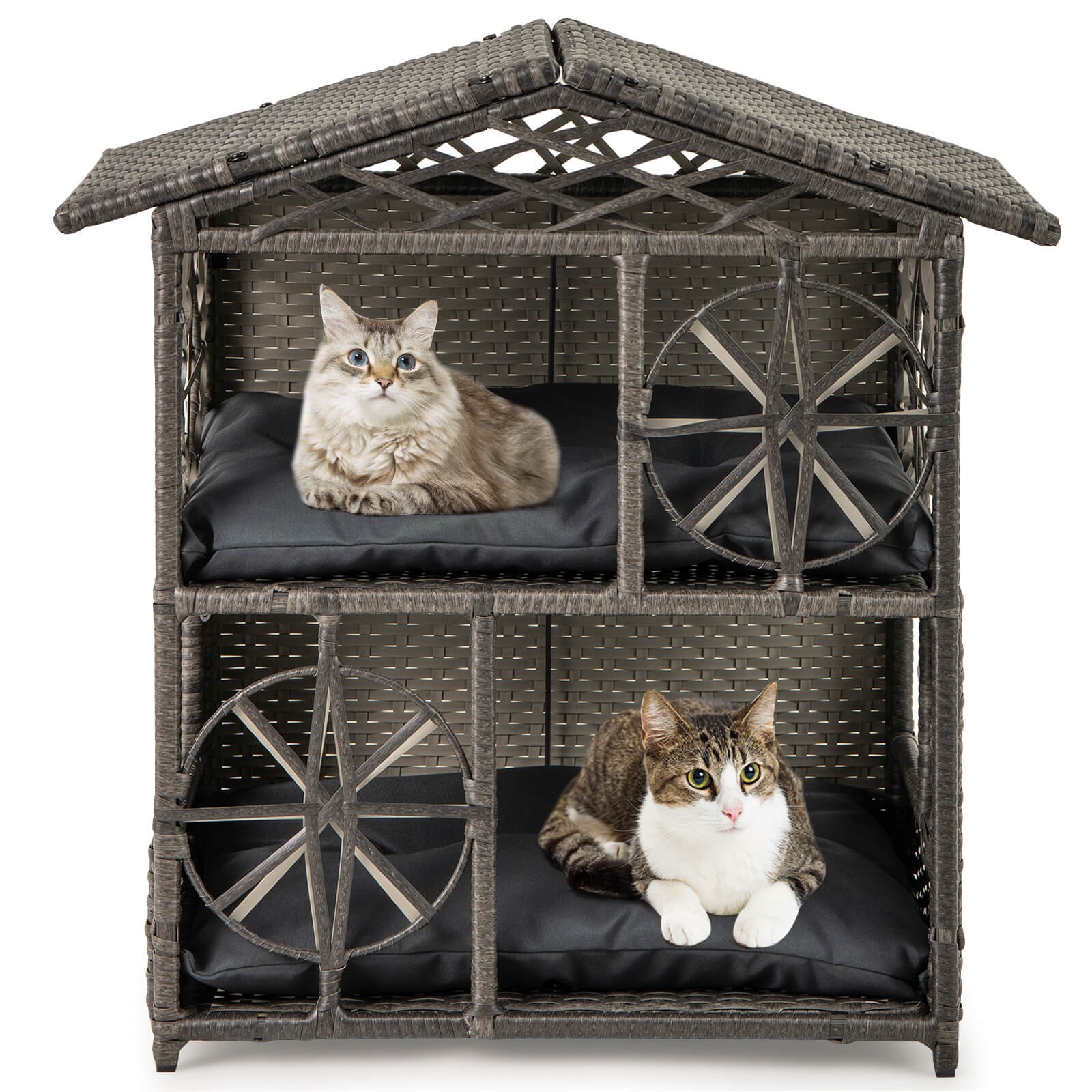 Outdoor Rattan Cat House 2-Tier Wicker Windows Removable Cushions Large Entrance