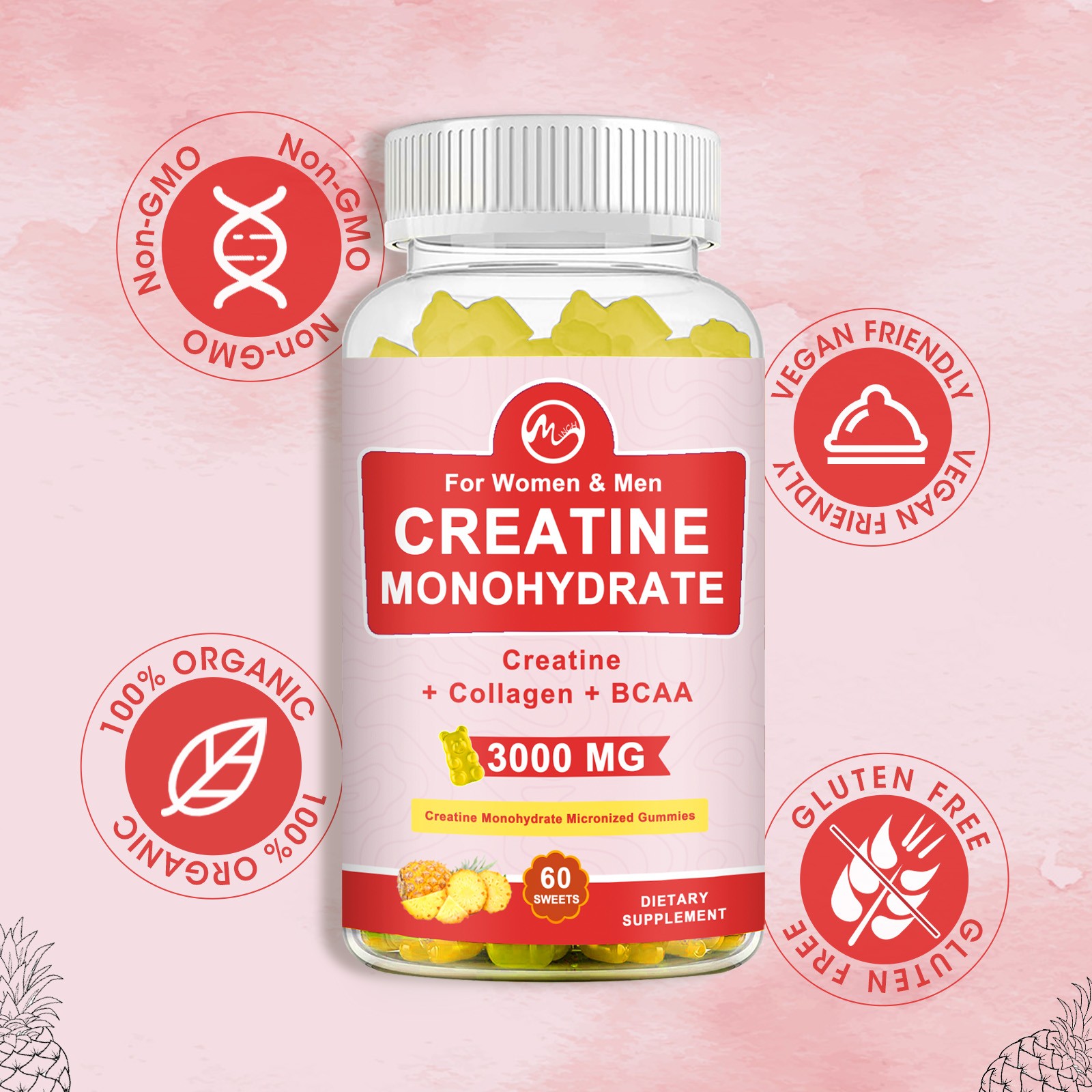Creatine Monohydrate Gummies Increase Strength Muscle Gain 60ct