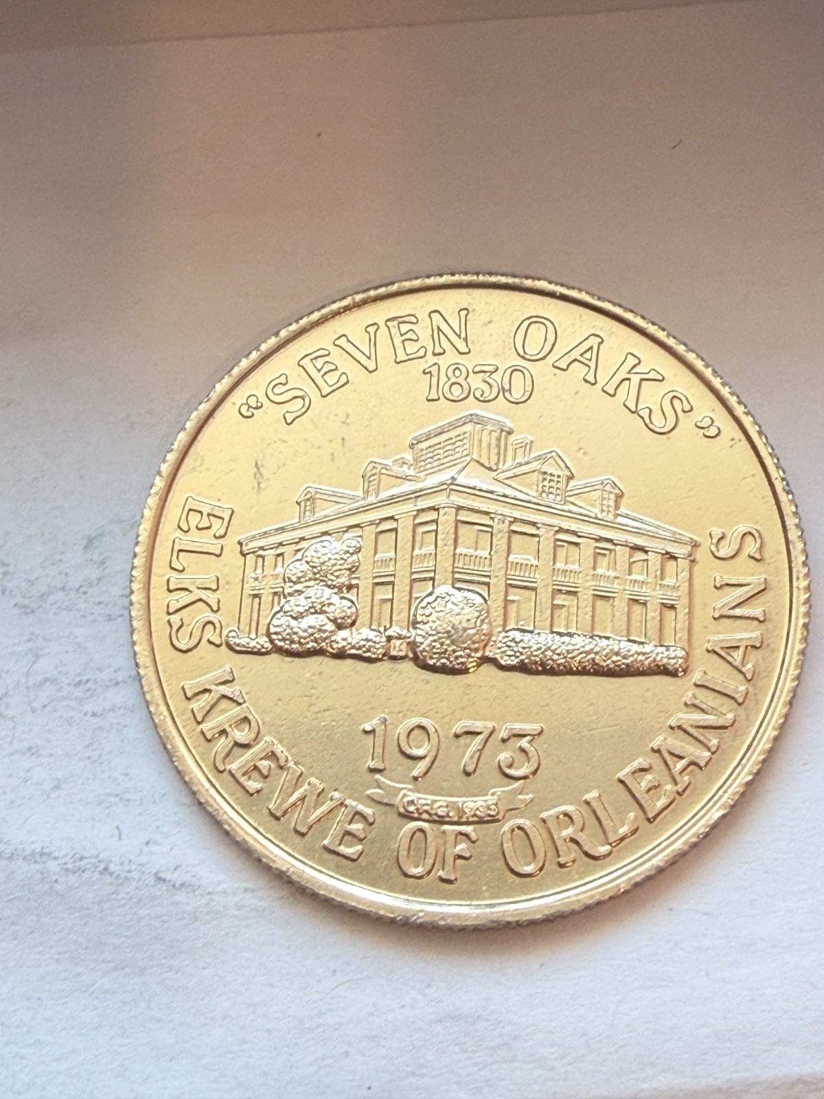 Krewe of Orleanians Gold Aluminum 1973 Doubloon, Seven Oaks (1B)