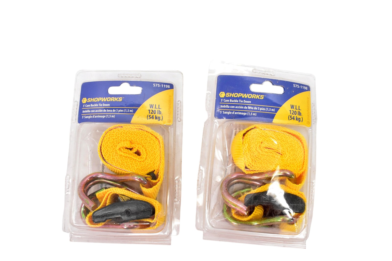 Lot 2 Shopworks 5' Cam Buckle Tie Down Straps WLL 120 Lb 575-1198 Yellow Webbing