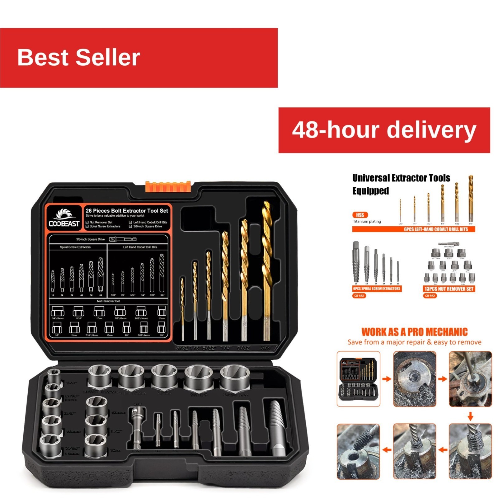 26Pcs Bolt Extractor Kit, Left Hand Drill Bit, Heavy Duty Tool Set
