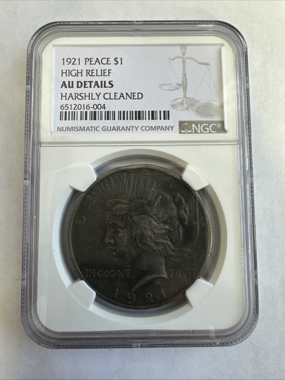 1921 US Peace Silver Dollar NGC High Relief AU Details Harshly Cleaned Key date