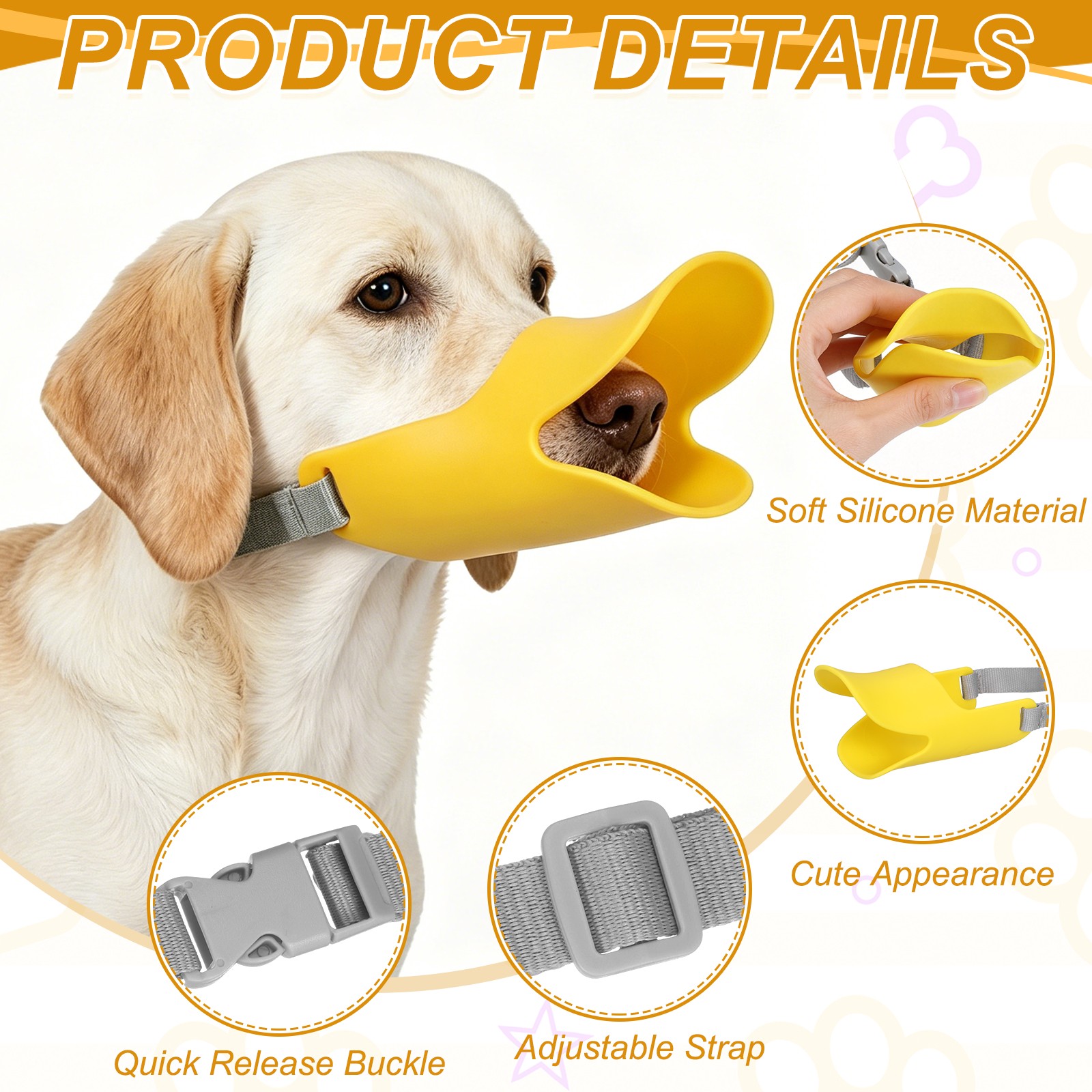 Silicone Dog Muzzle, Soft Silicone Mouth Cover with Adjustable Strap (Yellow, M)