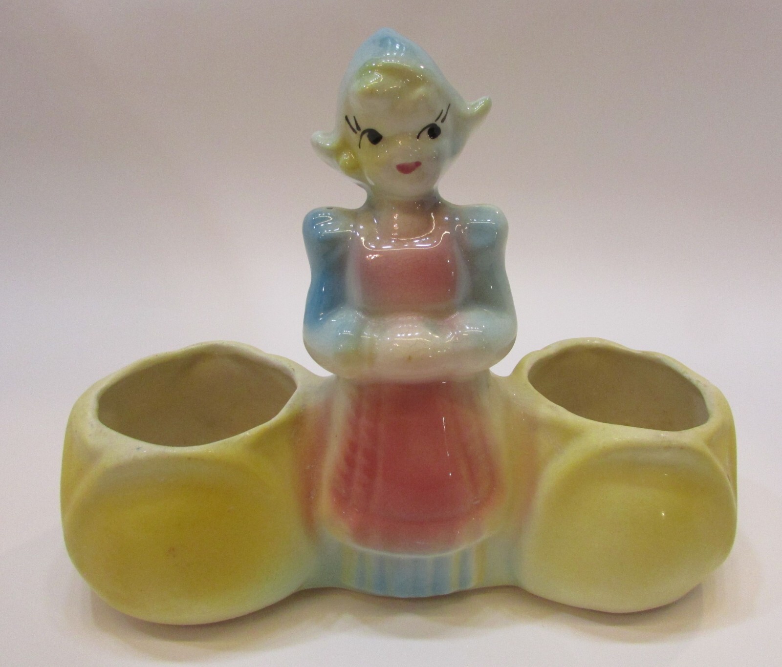 Old 1930's Dutch Girl Twin Basket Antique 4x7x9 Pottery Planter