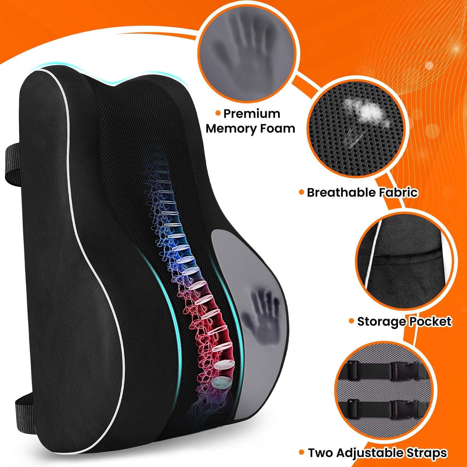 CloudBliss Ergonomic Lumbar Support Pillow – Standard, Pillow-black