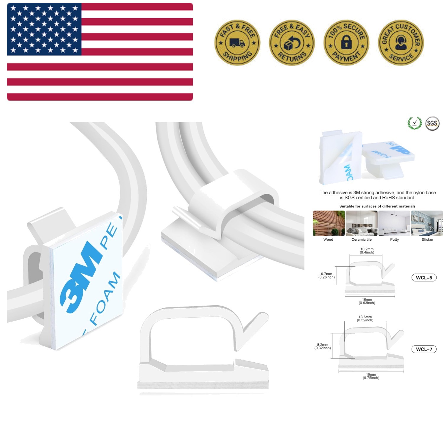 5/8” Adhesive Cord Clips White 60pcs, Outdoor Christmas Light Clips, Cable Ma...