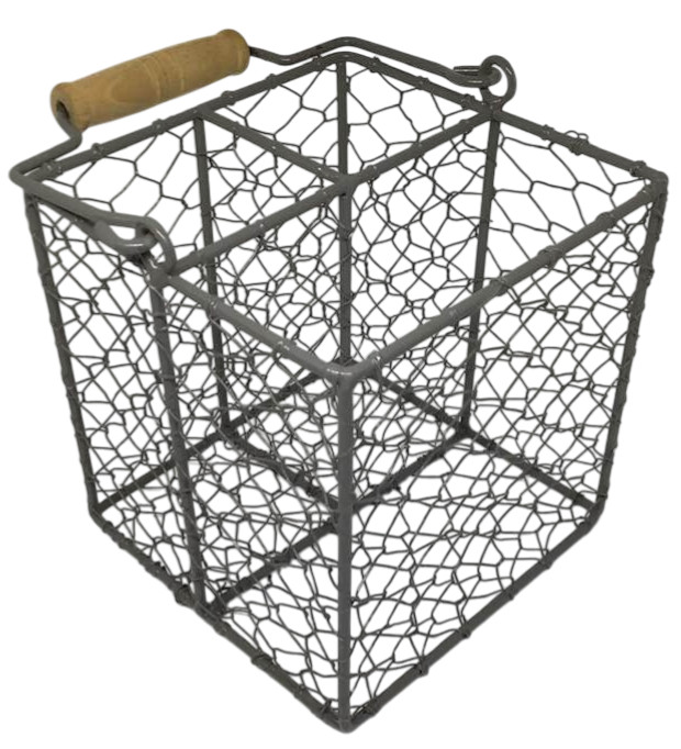 Chicken Wire Basket Carrier Handle Wood Gray Farmhouse Decor Accent