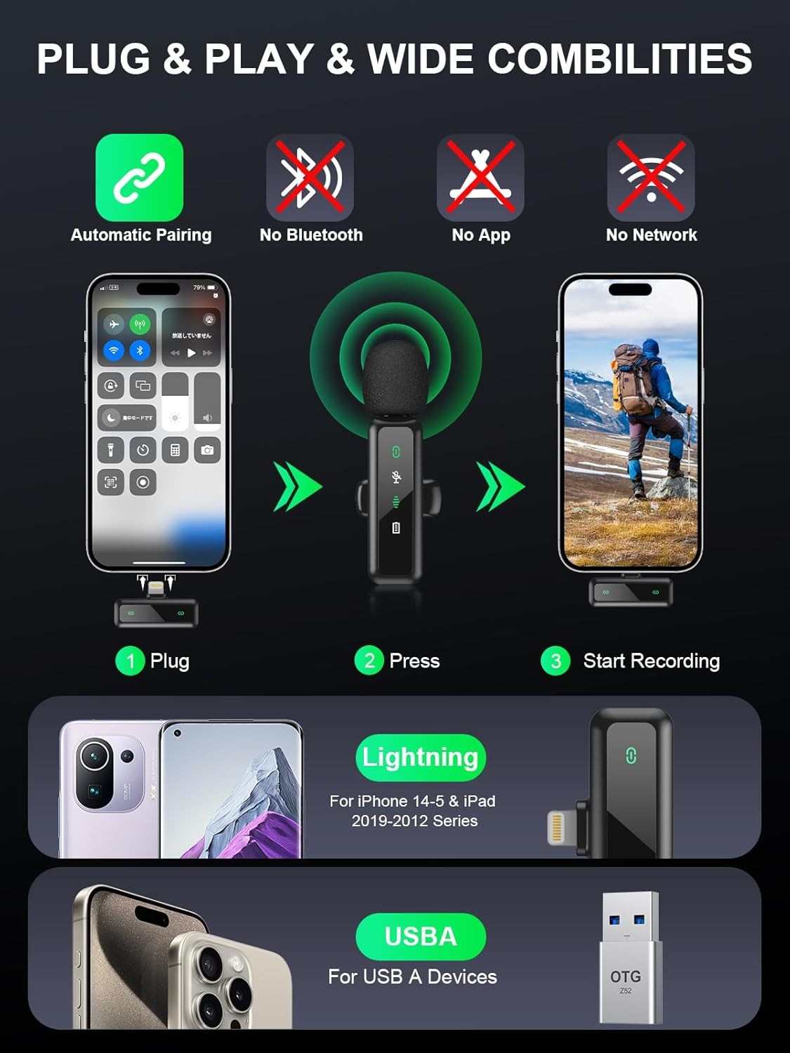 Wireless Lavalier Microphone for iPhone 5-14 Series, LED Display Small, Black