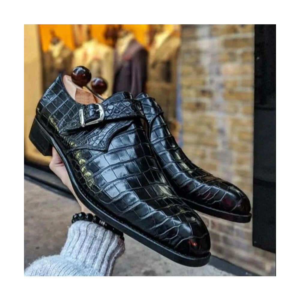 Handmade Black Alligator Pattern Crocodile Leather Single Monk Strap Dress Shoes