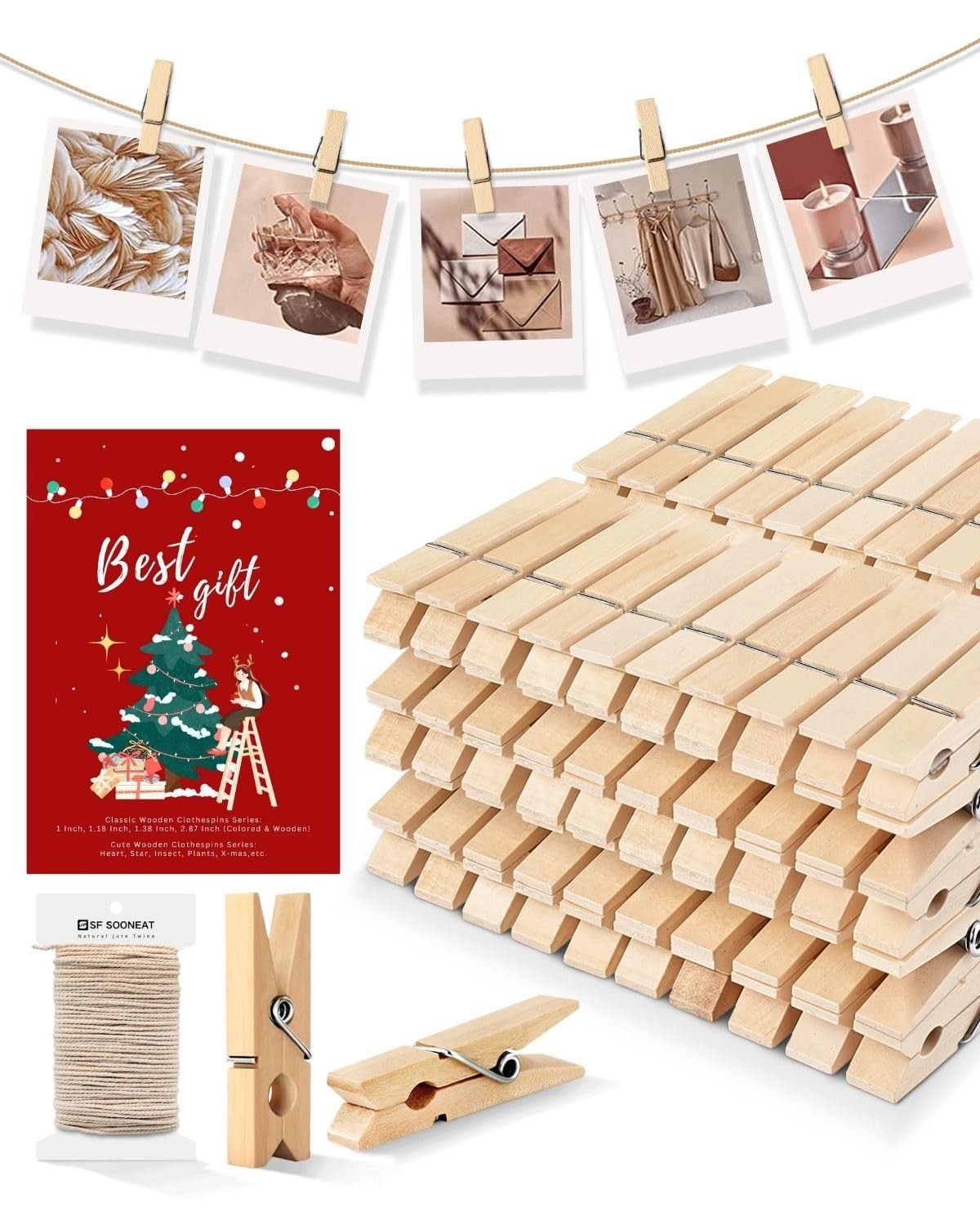 Mini Wooden Clothespins 100 Pack with 32ft Jute Twine Photo Display Clips