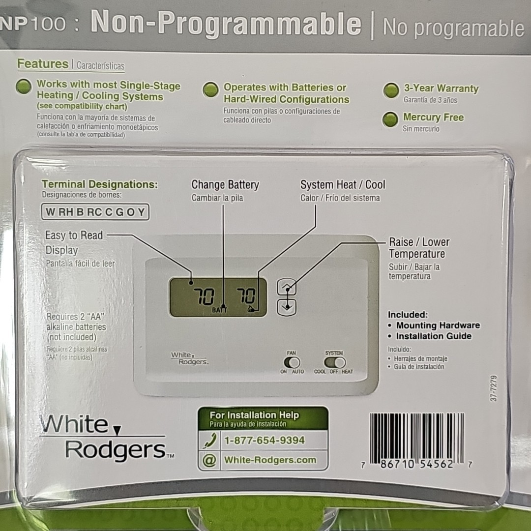 White Rodgers NP100 Non-Programmable Thermostat Heating & Cooling Sealed