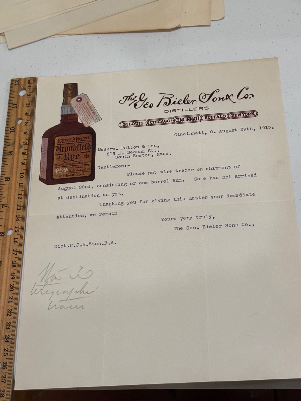 1913 George Bieler Cincinnati Rye Whiskey graphic advertising Letter billhead