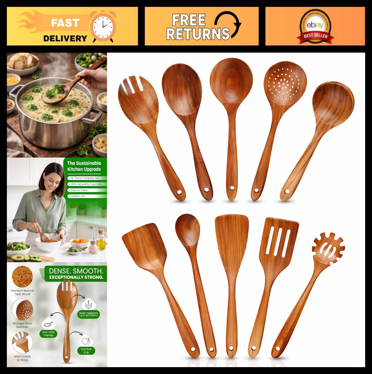 10-Piece Teak Wooden Cooking Spoons Set | Organic Non-Toxic Kitchen Utensils