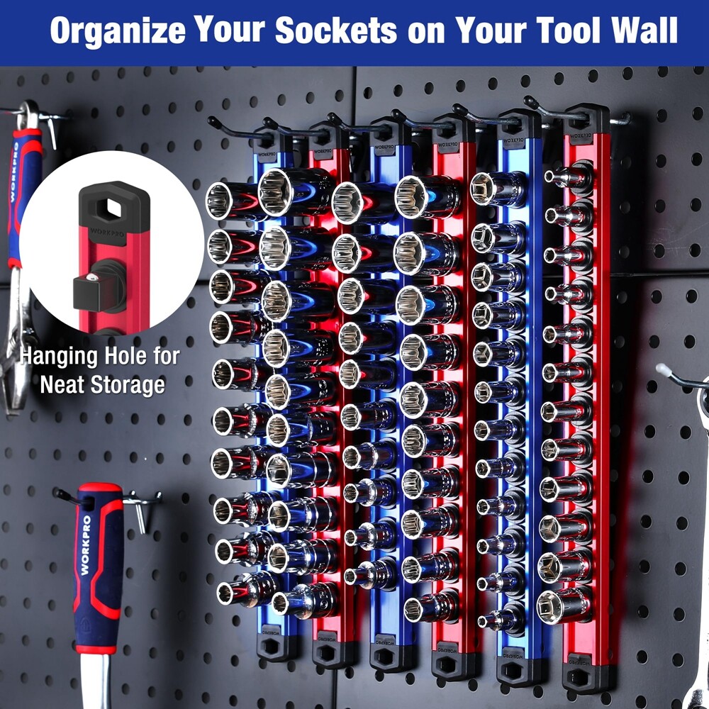 WORKPRO 6-Piece Magnetic Socket Organizer Sets Aluminum Alloy Socket Rail Holder