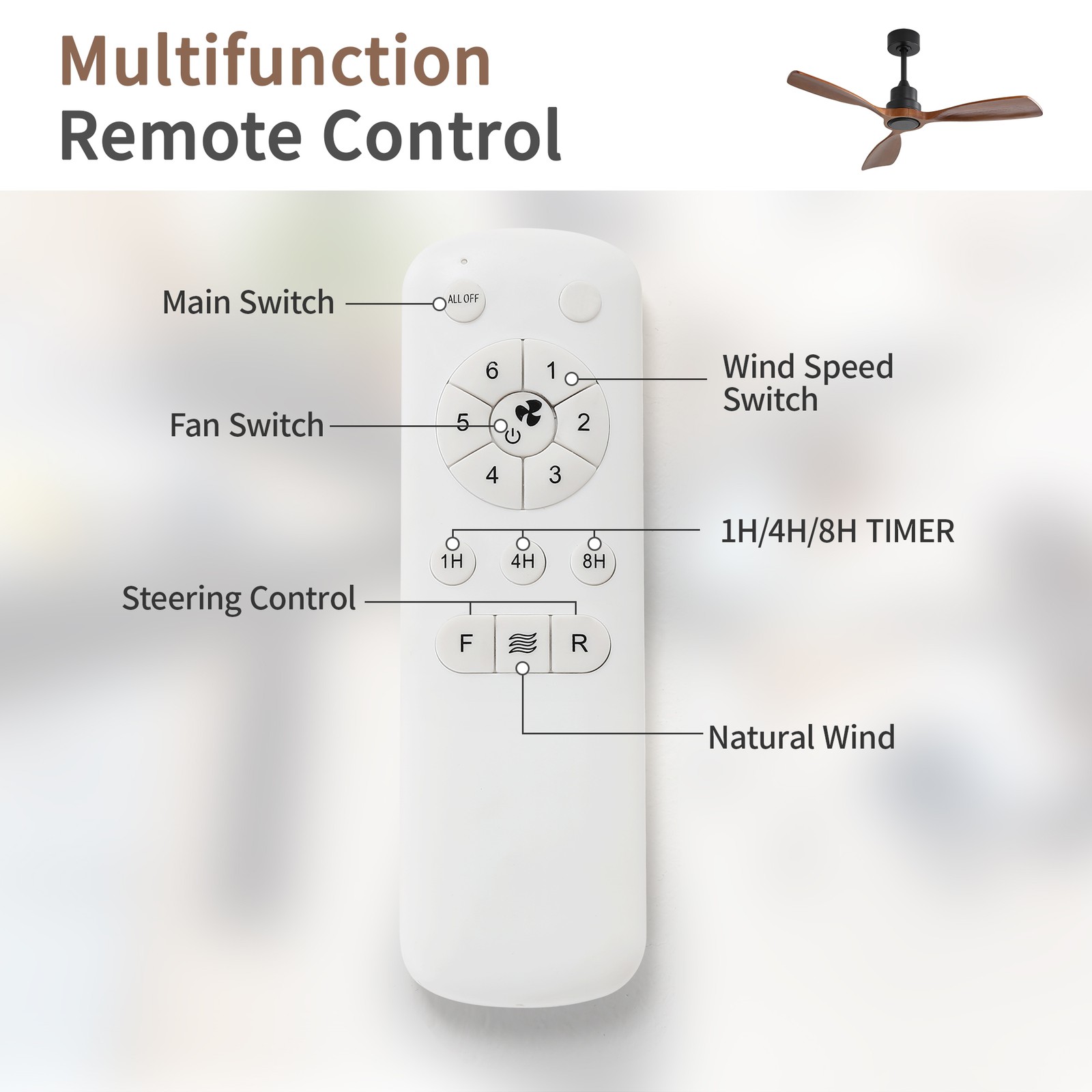 48in.Solid Wood Blade,Ceiling Fan,No Light,Reversible,Remote,Adjustable 6 Speed.