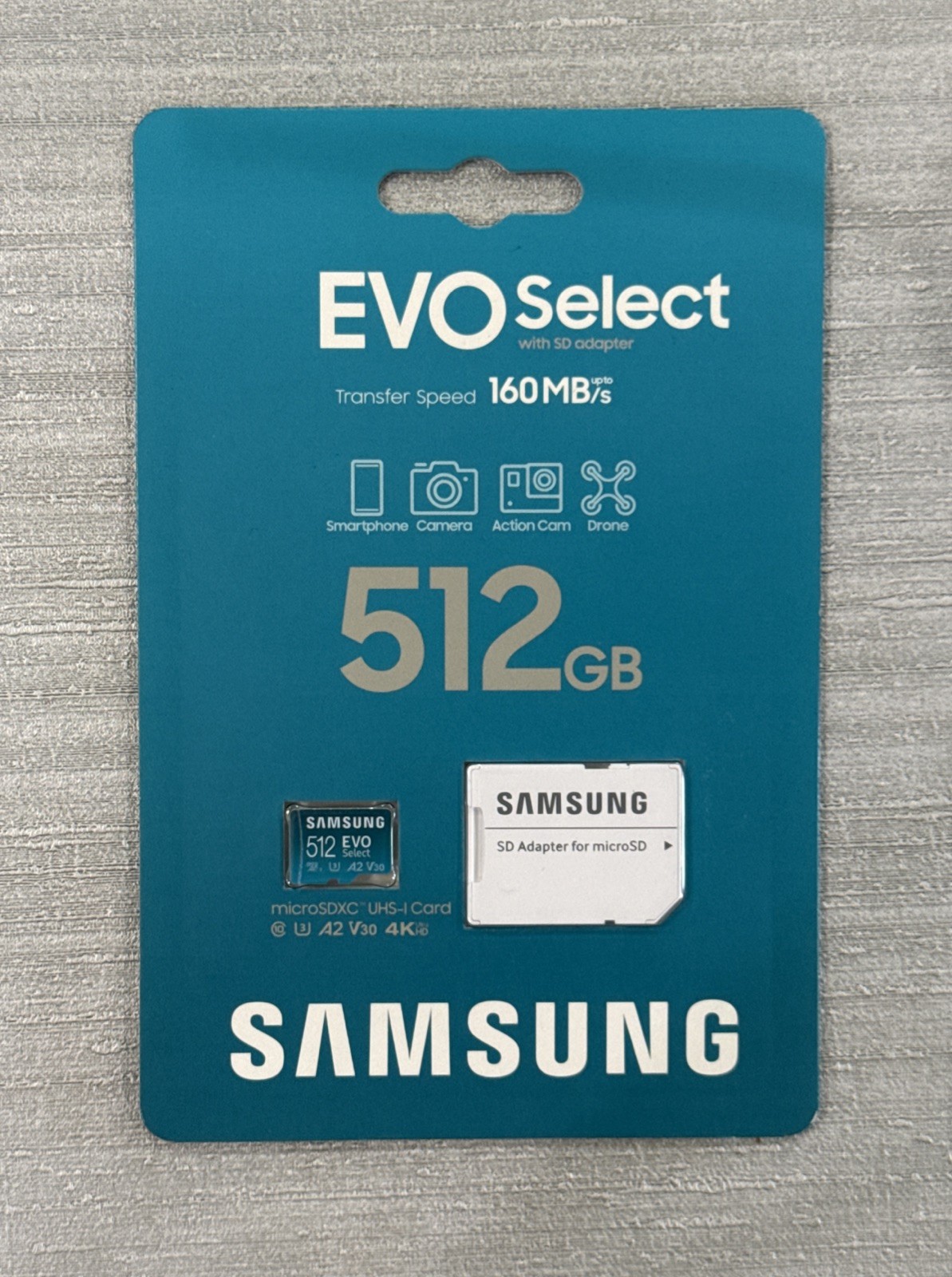 SAMSUNG EVO Select microSDMemory Card + Adapter, 512GB microSDXC, Up-to 160 MB/s